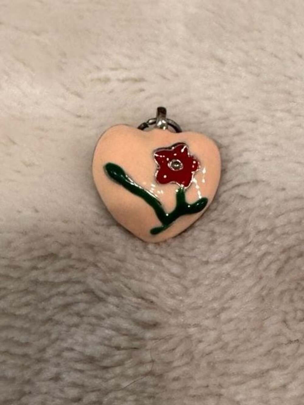 Vintage Hand Painted Porcelain Pink / Peach Heart Red Flower Pendant Charm